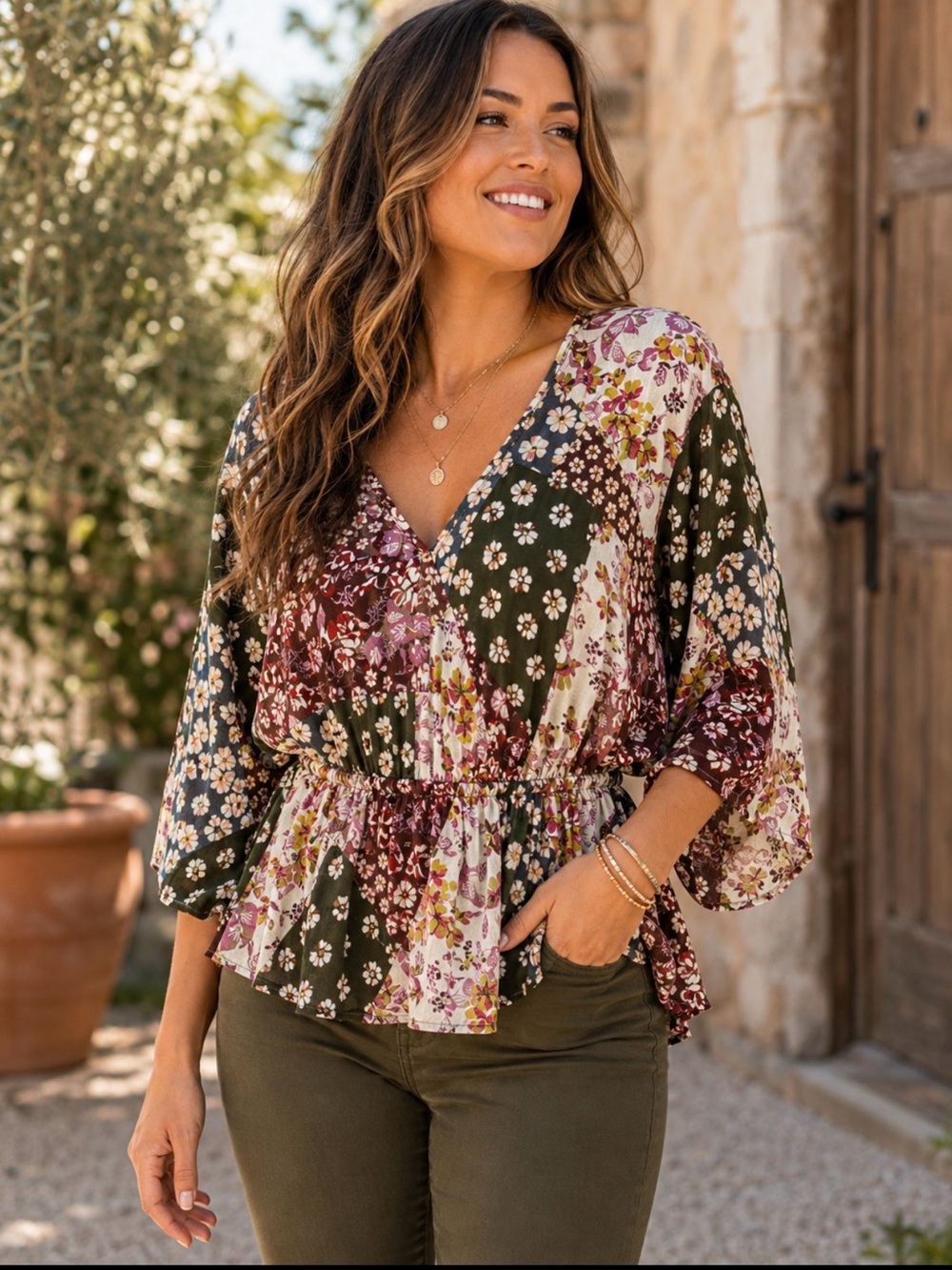 Andree Floral Peplum Blouse Large Boho V Neck Rayon Top